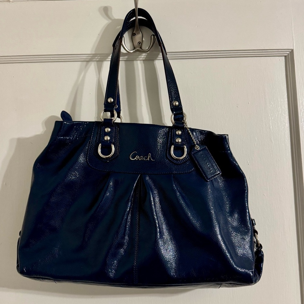 Coach Ashley Patent Leather Blue Shoulder Bag with with removable strap